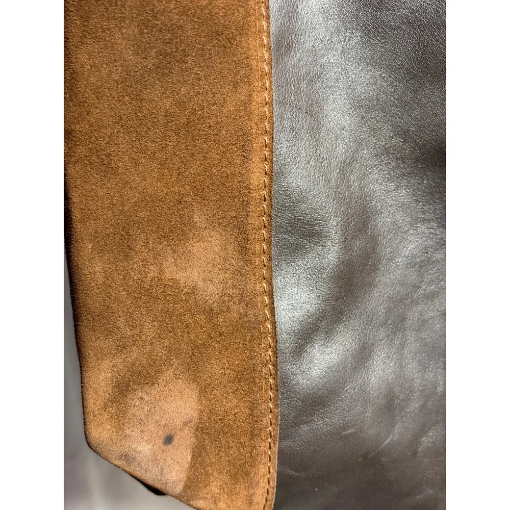 Brown Suede & Leather Tote Shoulder Bag Slouchy‎ Boho Two-Tone Snap STAINED